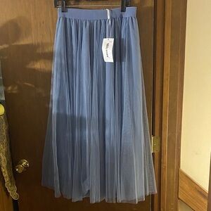 Mliyasan Women’s Pleated Tulle Midi Skirt – Blue Mesh Layered A-Line –Size 44NWT